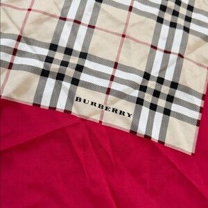 Burberry authentic 100% silk scarf, red black tan, white design designer